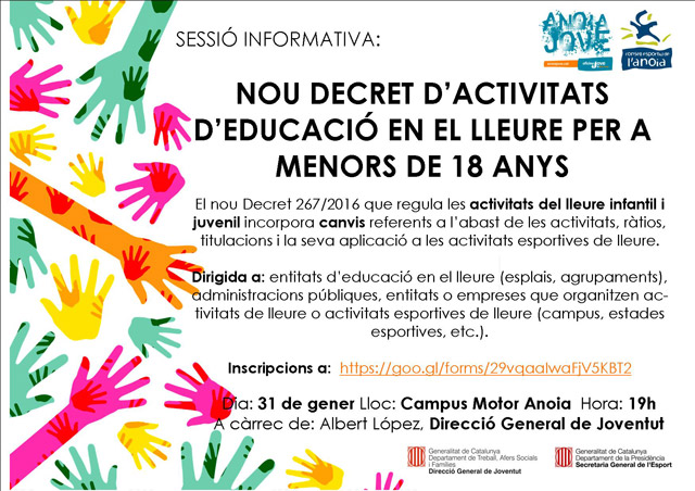 Sessió informativa sobre el nou decret d’activitats d’educació en el lleure i activitats esportives per a menors de 18 anys